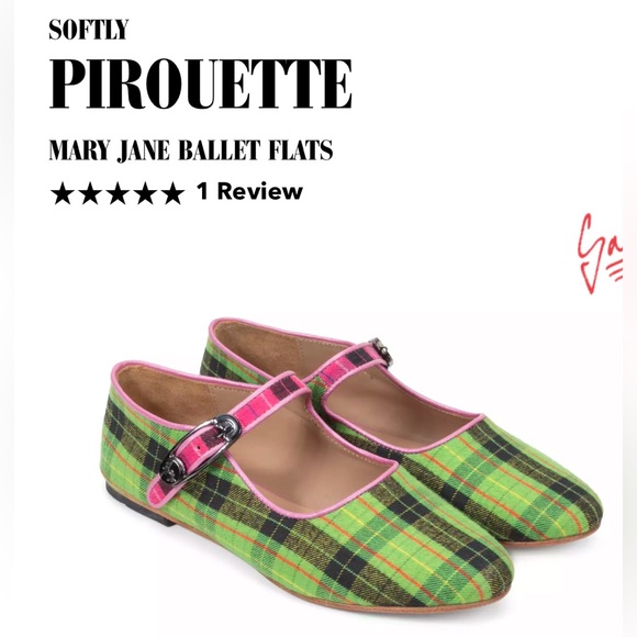 Fluevog NEW WO BOX Softly Pirouette soft green plaid Mary Jane ballet flats -10 - Picture 1 of 16